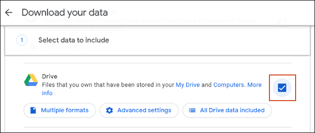 Bifați caseta de selectare pentru Google Drive