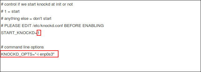 El archivo de control knockd en gedit con las ediciones resaltadas.