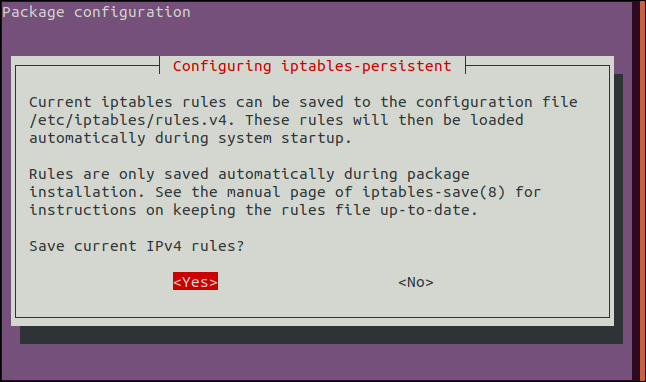 Presione la barra espaciadora para aceptar la opción "Sí" en la pantalla IPV4 persistente de iptables.