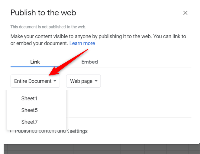 Clique em "Documento inteiro" e escolha a planilha que deseja publicar no menu suspenso.