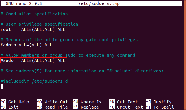 突出显示 %sudo 行的 sudoers 文件