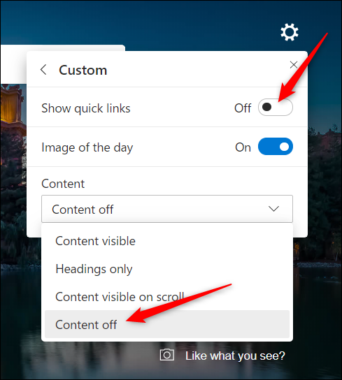 タイルやニュースフィードの見出しなしで毎日素敵な画像を見たい場合は、[クイックリンクを表示]を[オフ]の位置に切り替え、ドロップダウンメニューから[コンテンツをオフ]を選択します。