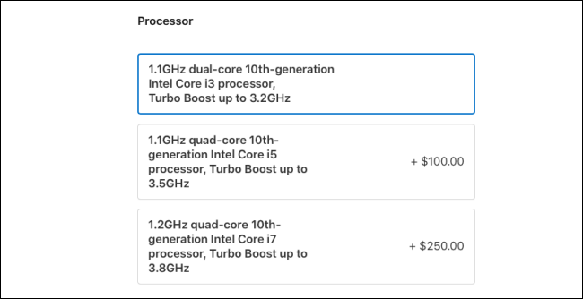 MacBook Air2020プロセッサオプション。