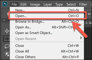 Нажмите «Файл» > «Открыть», чтобы открыть файл в Photoshop.