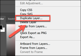 Щелкните правой кнопкой мыши слой в меню «Слои» и нажмите «Дублировать слой», чтобы дублировать его в Photoshop.