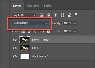 Режим наложения слоя установлен на Luminosity в Photoshop в раскрывающемся меню на панели «Слои».