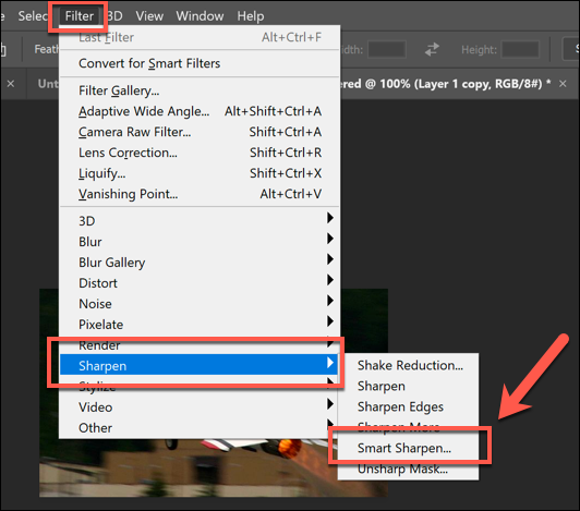 Нажмите «Фильтр» > «Резкость» > «Умная резкость», чтобы добавить фильтр «Умная резкость» к изображениям в Photoshop.