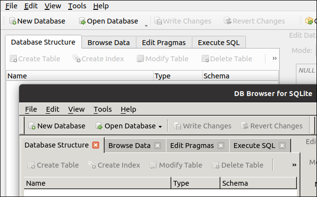 Dos versiones de DB Browser para SQLite ejecutándose en GNOME.