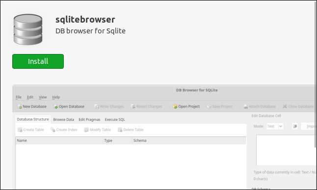 Página de instalación de la aplicación del navegador SQLite en la aplicación de software de Ubuntu.