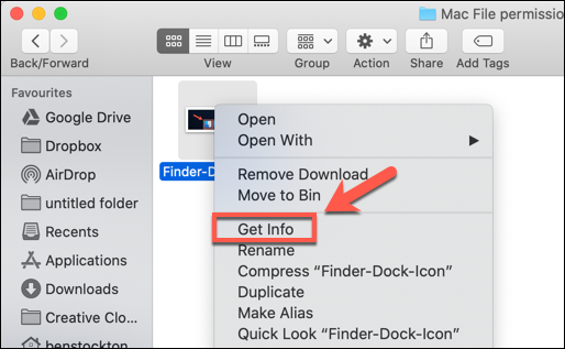 Fai clic con il pulsante destro del mouse su un file e premi Ottieni informazioni per accedere alle autorizzazioni dei file su macOS