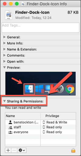 La sezione "Condivisione e autorizzazioni" della finestra Ottieni informazioni per un file su macOS