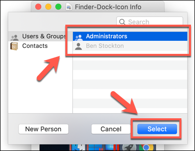 Seleziona un utente o un gruppo di utenti, quindi premi Seleziona per aggiungere quell'utente o gruppo all'elenco delle autorizzazioni file su macOS