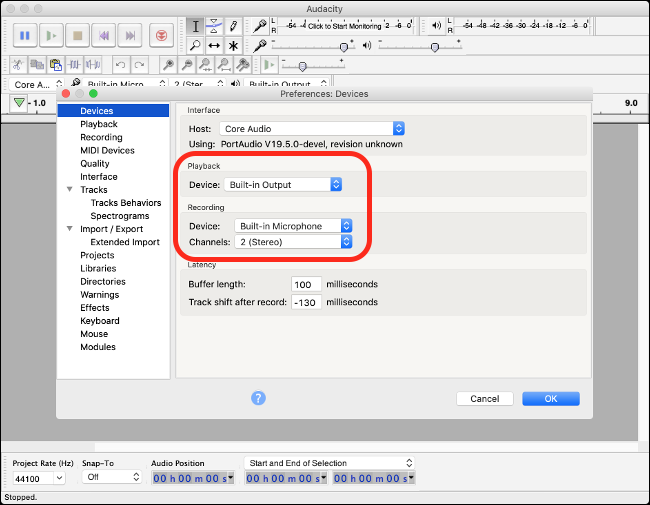 Preferenze Audacity su macOS