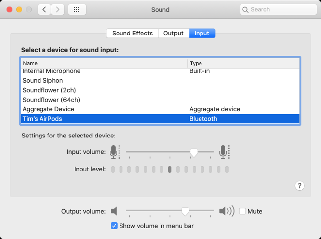 Preferenze di ingresso audio di macOS