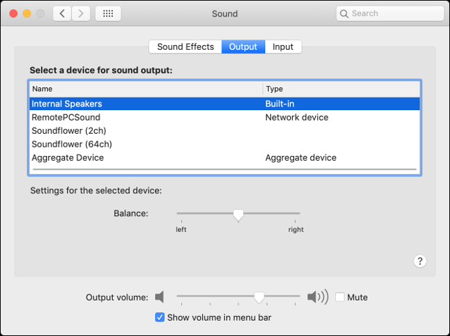 Preferenze di uscita audio di macOS