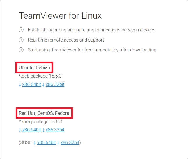 Die Ubuntu- und Fedora-Download-Links auf der TeamViewer-Website.
