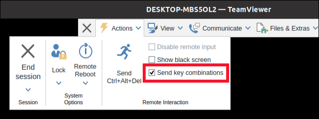 Wählen Sie „Tastenkombinationen senden“, um Ihre Tastenkombinationen an den Remote-Computer zu senden.