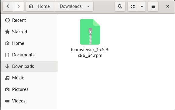 Die TeamViewer RPM-Paketdatei in einem „Downloads“-Ordner.