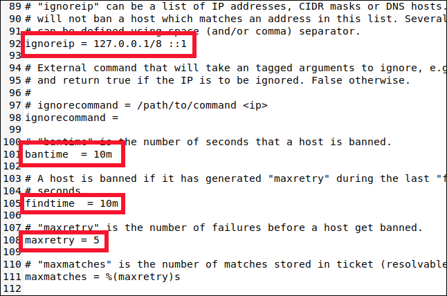 /etc/fail2ban/jail.localがgeditウィンドウで開き、89行目までスクロールしました。