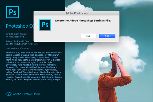 「AdobePhotoshop設定ファイルを削除しますか？」 Photoshopでプロンプトを表示します。