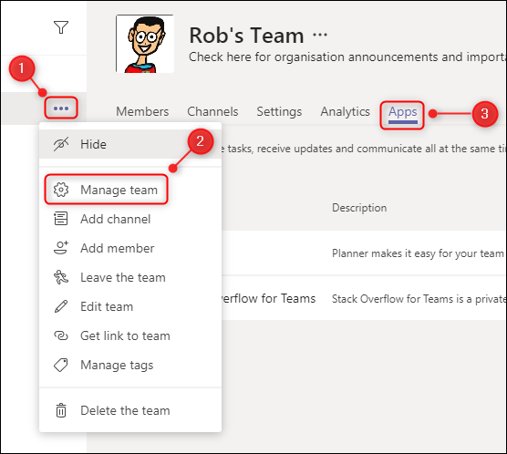省略記号をクリックし、[チームの管理]を選択して、[アプリ]をクリックします。
