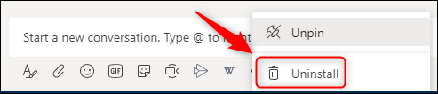 「アンインストール」を選択して、チャットウィンドウからアプリをアンインストールします。