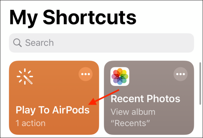 Нажмите «Воспроизвести на ярлык AirPods» в «Ярлыках».