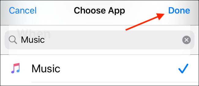 Выберите приложение «Музыка» и нажмите «Готово».