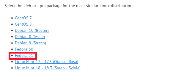 「Fedora31」をクリックします。