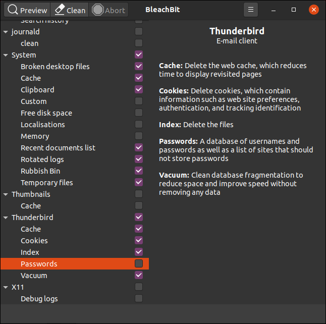 左側の「Thunderbird」と右側のオプションの下で強調表示されている「パスワード」カテゴリ。