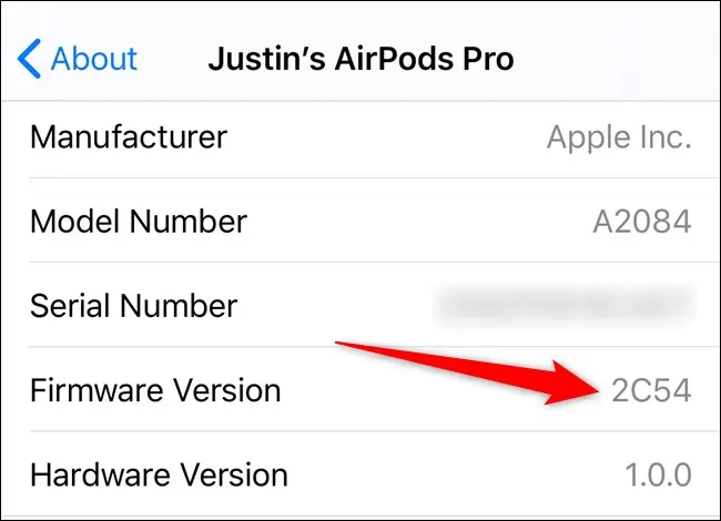 Versão do firmware do Apple iPhone View AirPods