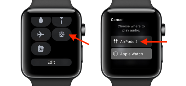 Escolha a opção AirPlay no Apple Watch para alternar para AirPods