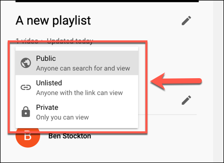 從下拉菜單中將 YouTube 播放列表隱私級別設置為公開、不公開或私有