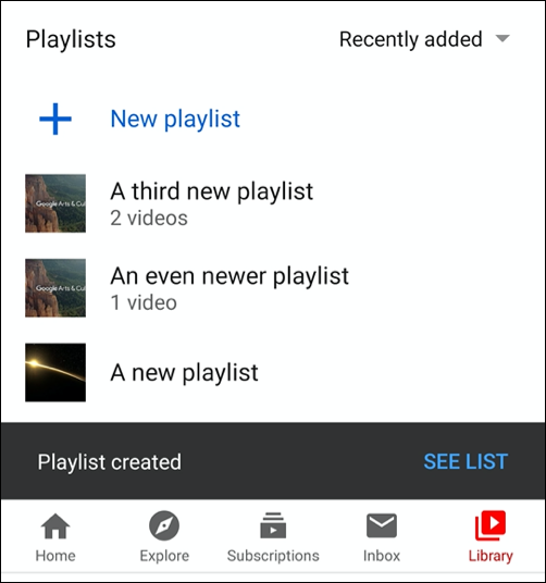 YouTube 應用程序庫選項卡中創建的 YouTube 播放列表列表