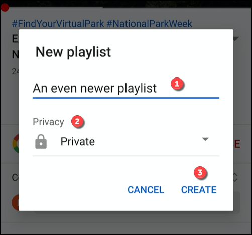 為您的播放列表提供名稱和隱私級別，然後點擊創建以創建它