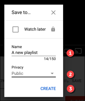 創建 YouTube 播放列表的選項。單擊創建以創建它。