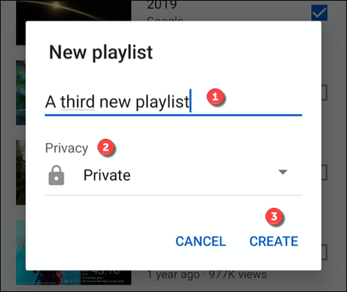 為播放列表提供名稱和隱私級別，然後單擊創建以創建它