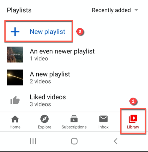 點擊 YouTube 應用程序庫部分中的新建播放列表以創建新播放列表