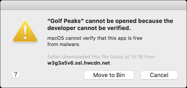 Uma mensagem de erro do macOS Gatekeeper.