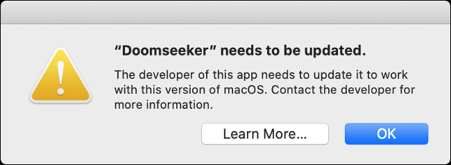Uma mensagem de erro de aplicativo desatualizado do macOS.