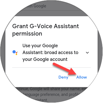 Toque em "Permitir" para conceder ao aplicativo permissão para usar o Google Assistente.