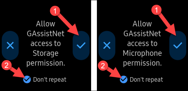 Conceda acesso do GAssist ao armazenamento e ao microfone no seu relógio.