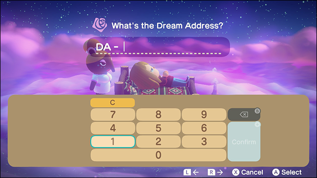 どうぶつの森：ニューホライズンズの「What'stheDreamAddress」入力メニュー。