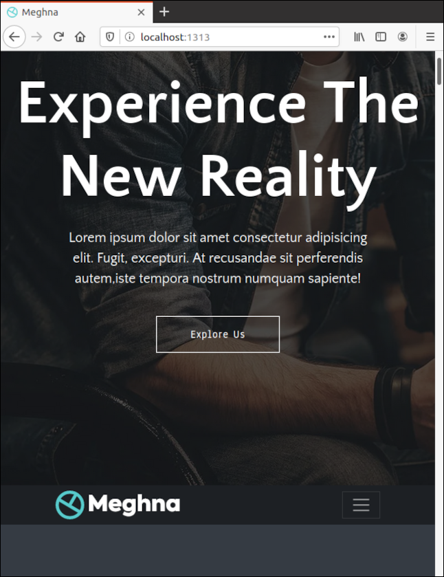 Um site estático do tema "Meghna" padrão no Firefox rodando em localhost:1313.