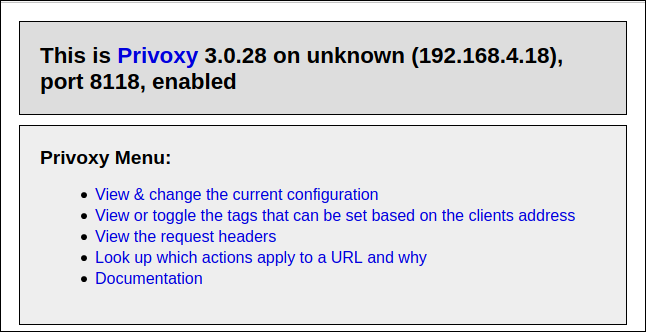 Die Privoxy-Startseite in einem Browser.