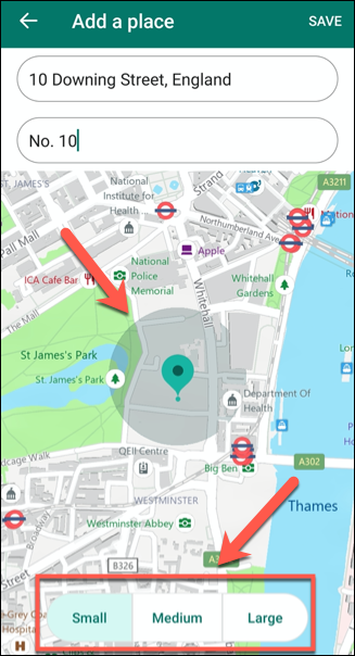 Tocca "Piccolo", "Medio" o "Grande" per impostare le dimensioni del luogo salvato nell'app Microsoft Family Safety.