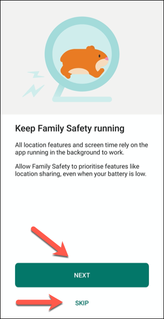 Tocca "Salta" nell'app Microsoft Family Safety per tutte le autorizzazioni che non vuoi consentire.