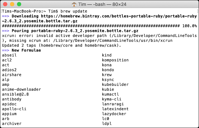 Aktualizacja „Homebrew” dla macOS w „Terminal”.