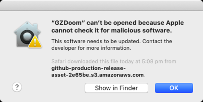 O alertă că Gatekeeper a blocat „GZDoom”.