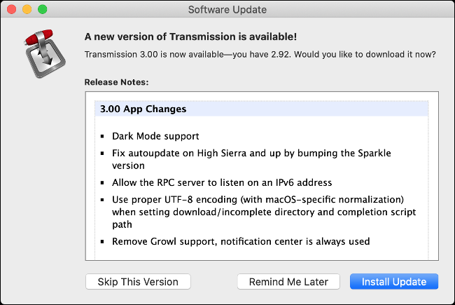 Un menú de "Actualización de software" para la aplicación Transmission.